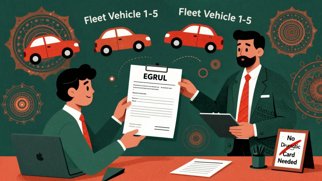 Корпоративный сотрудник подает документы на страховку для автопарка, фон — психоделические узоры.