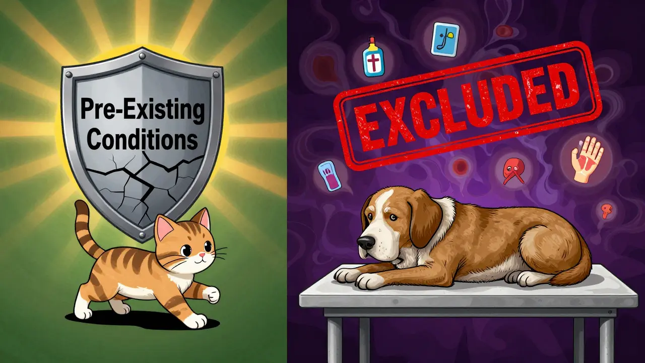 Котенок играет на фоне защитного щита, а старая собака получает штамп 'Исключено' с символами болезней.