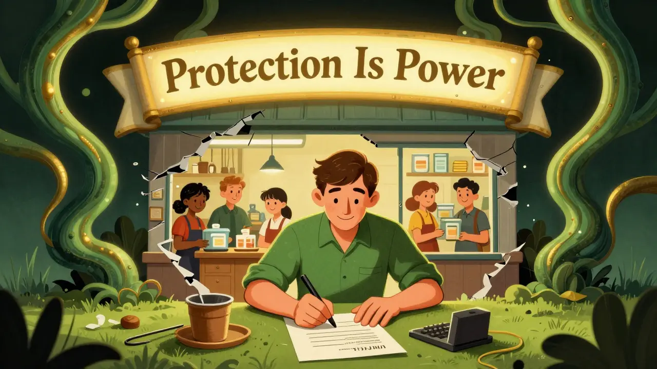 Малый бизнесмен подписывает полис, а разрушающееся здание превращается в процветающий цех под светом доверия.