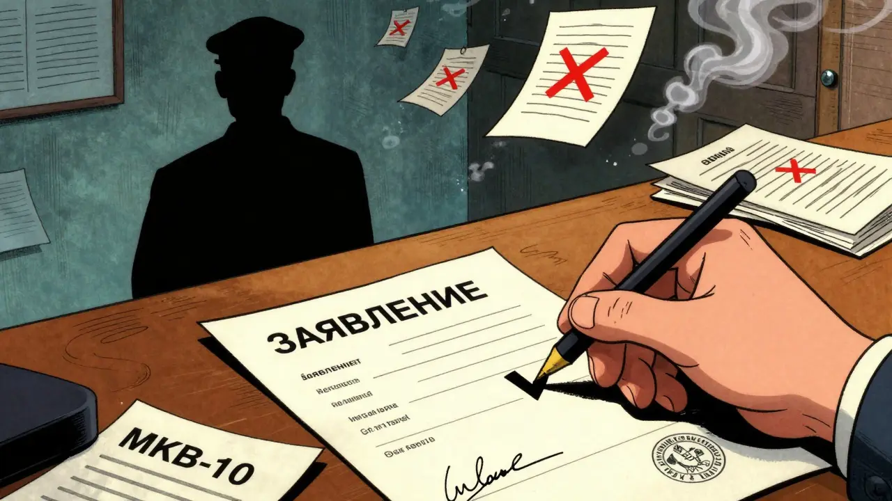 На столе лежат заверенные медицинские бумаги с печатью и подписью, рядом — разрушающиеся документы с красными крестами.