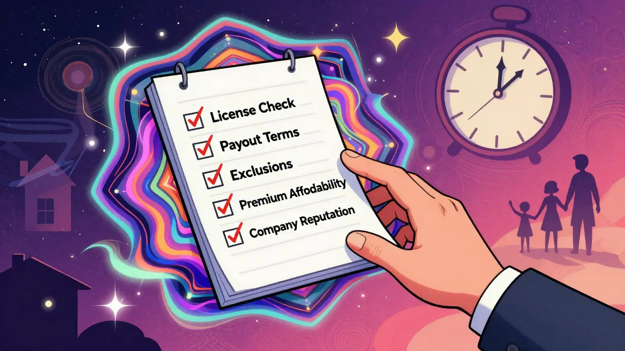 Плавающий чек-лист для выбора страховки, с элементами семьи и дома, в ярких психоделических узорах.