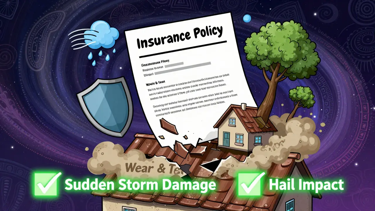 Полис страхования с символами ветра, града и дерева как защитных щитов, старая кровля разрушается, а новые повреждения от шторма подсвечены зеленым.