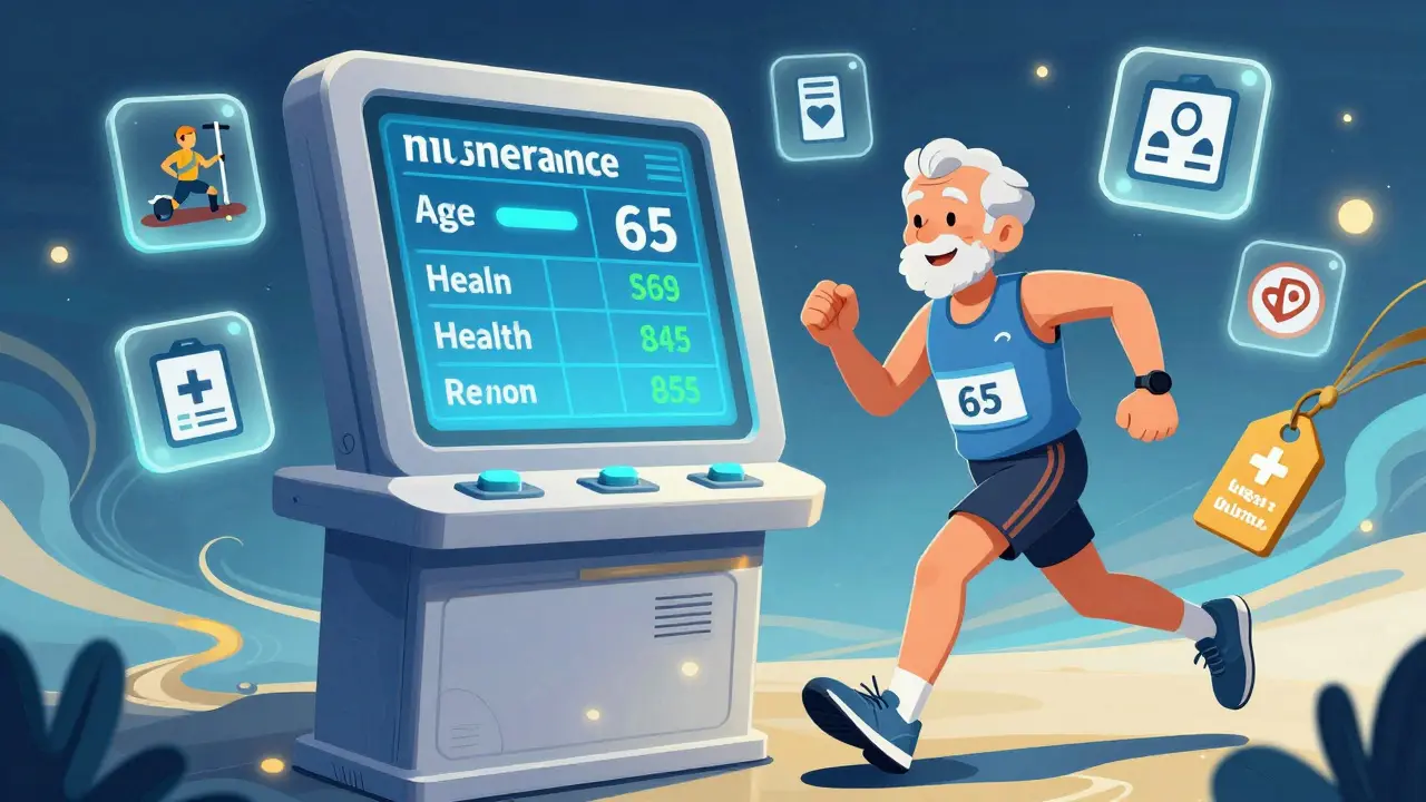 Пожилой бегун получает скидку на страховку через цифровой терминал, вокруг него — символы здоровья и скидок.