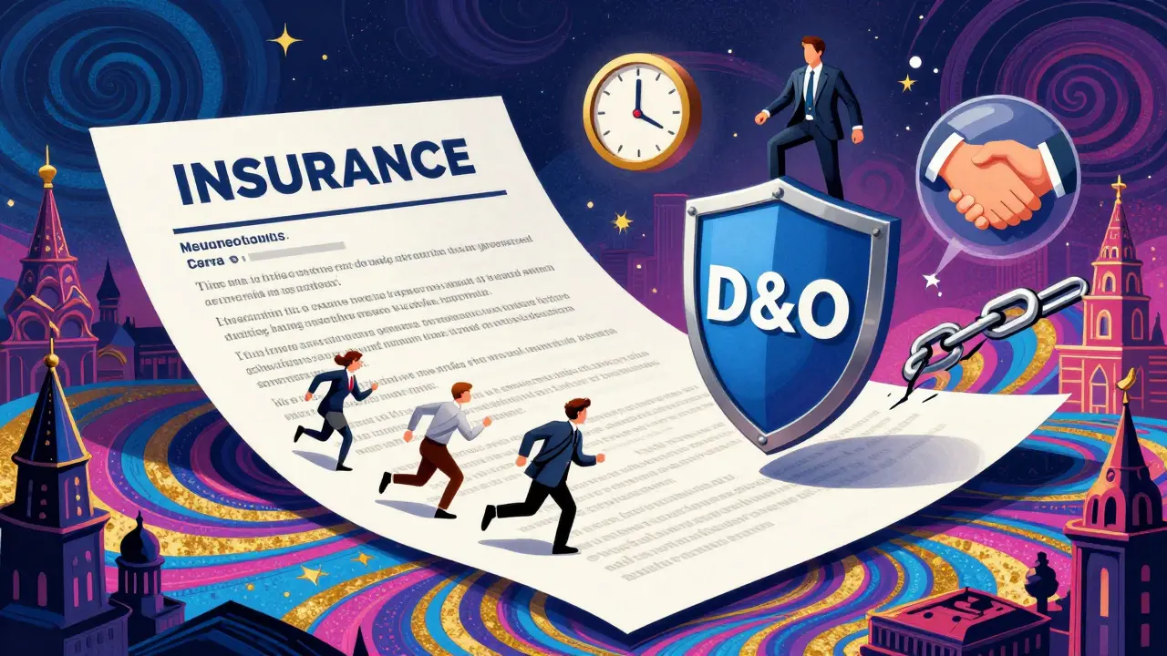 Психоделический полис D&amp;O раскрывается над российским городом, защищая директоров от исков, с символами времени, инвесторов и личных активов.