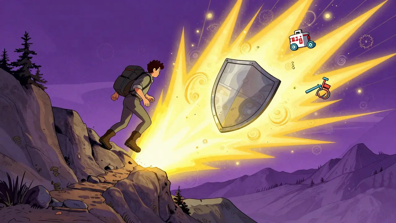 Путешественник падает в горах, под ним раскрывается щит страховой выплаты.