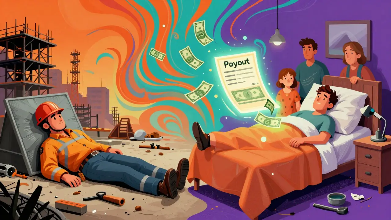 Рабочий на стройке и дома — над ним парят деньги выплаты по страховке.