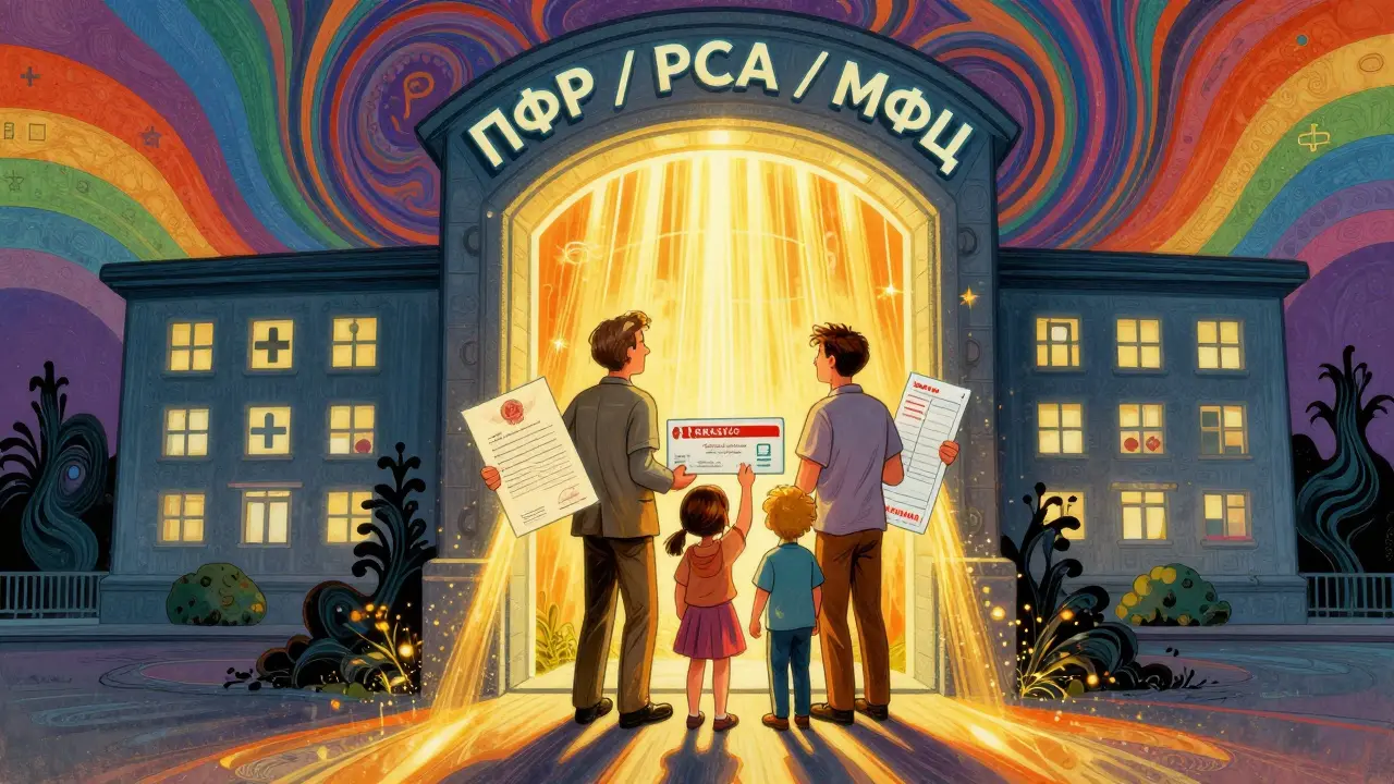 Семья стоит перед порталом с надписями ПФР, РСА, МФЦ, держа чеки, путёвку и свидетельство о смерти, вокруг — медицинские символы в радужных волнах.