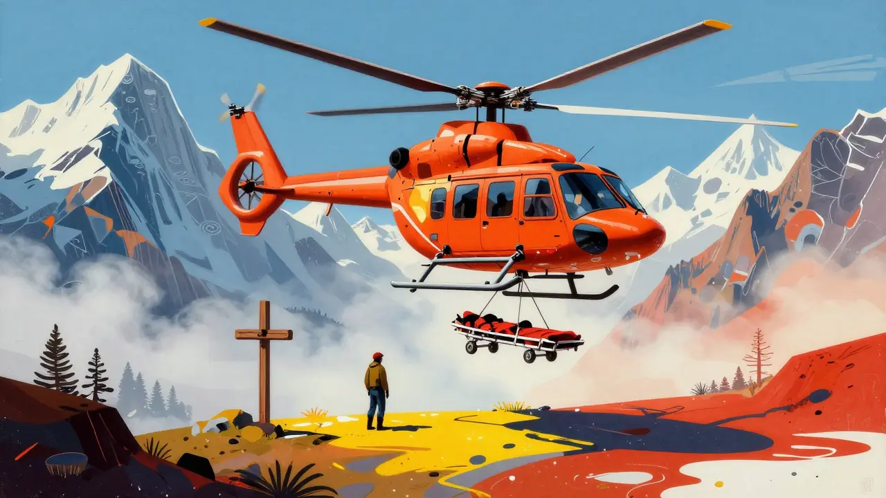 Спасательный вертолет на фоне горных пиков