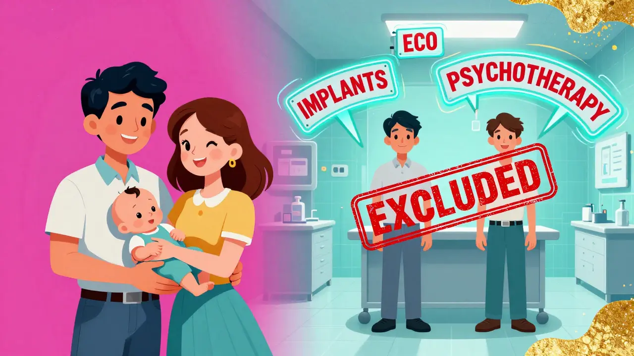Split scene of happy couple with baby vs. identical figures with "EXCLUDED" stamps over reproductive, dental, and mental health services in psychedelic style.
