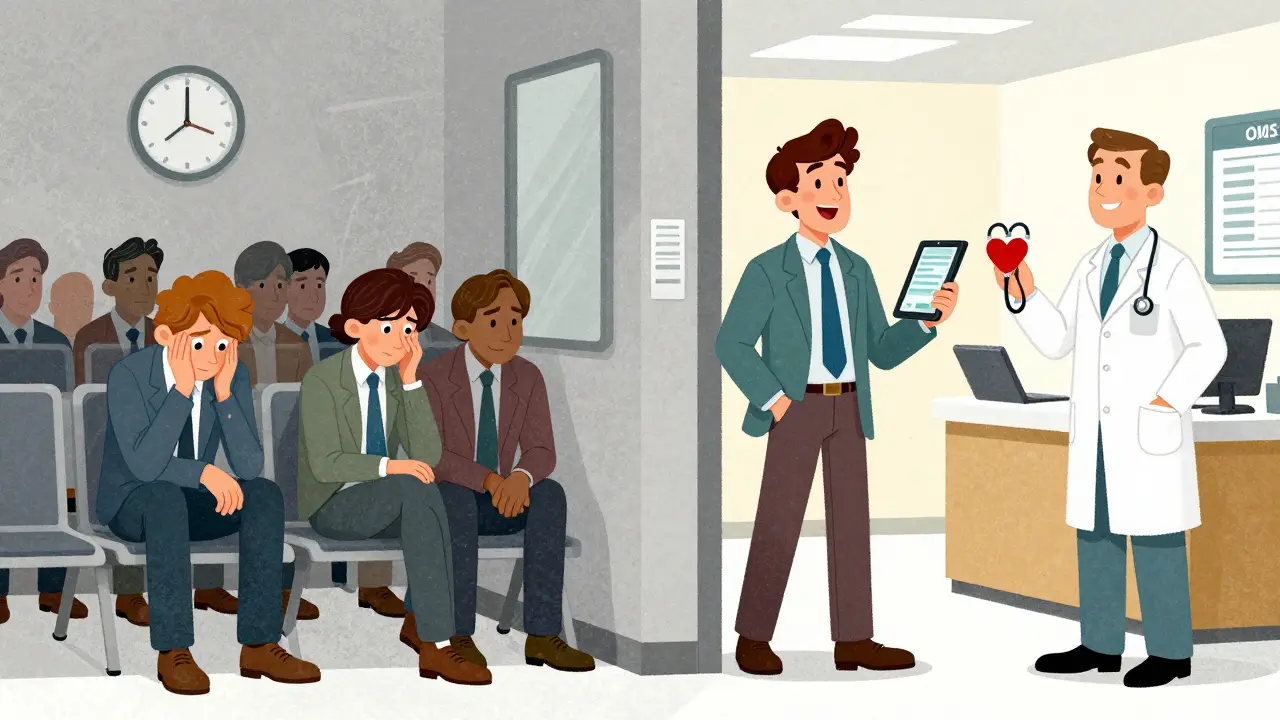 Сравнение очереди в государственную клинику и удобного приема в частной клинике в стиле Веса Уилсона