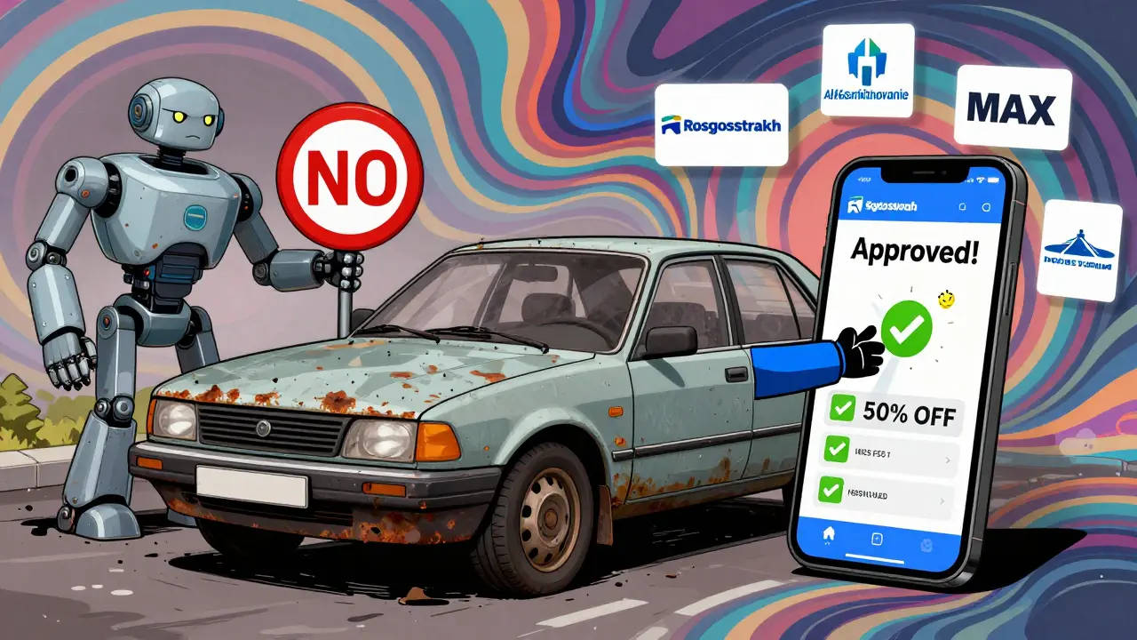 Сравнение: отвергнутая поврежденная машина слева и одобренная чистая — справа, с логотипами страховых компаний.