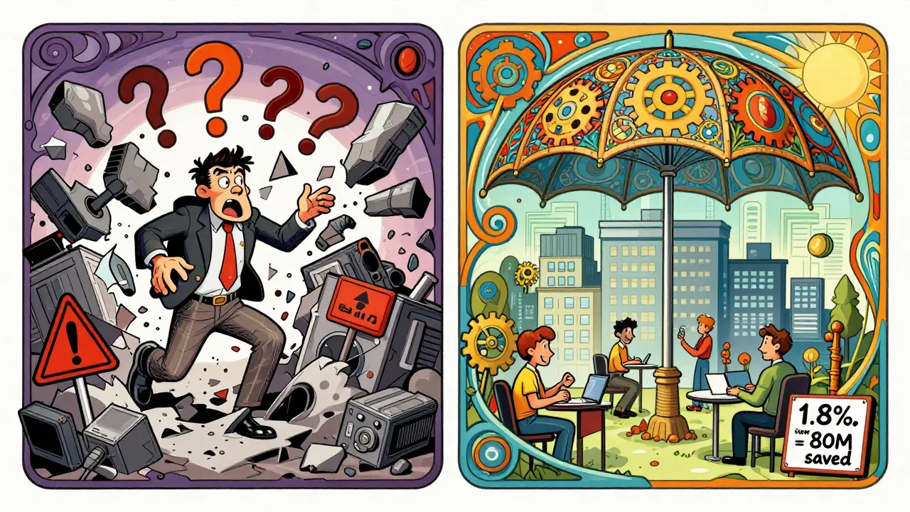 Сравнение: разрушающийся бизнес слева и процветающий под страховкой справа, в ярком психоделическом стиле.