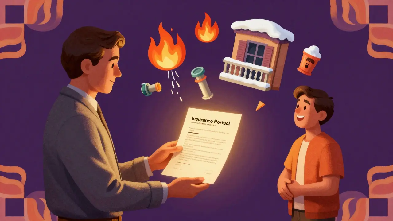 Страховой агент вручает полис, вокруг — символы рисков: протечка, огонь, снег, улыбающиеся соседи, психоделический стиль.