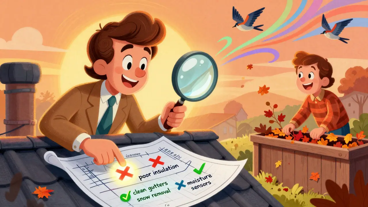 Страховой брокер объясняет владельцам дома, как предотвратить протечки: чистые желоба, датчики влаги и уборка снега подсвечены зеленым, психоделический фон.