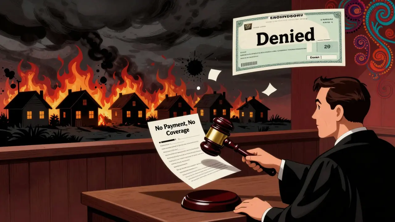 Судья бьёт гавелом по страховому полису, за ним горят фермы, надпись 'Отказано' в воздухе.