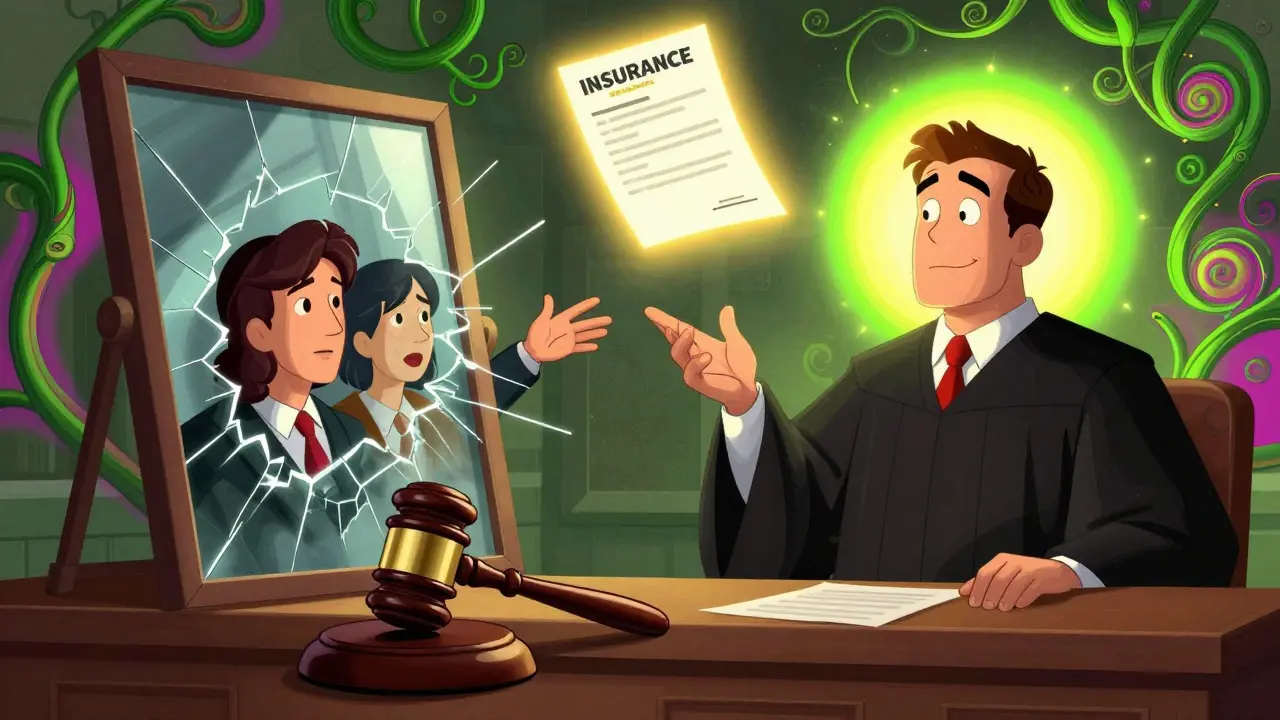 Суд, где скрытые претенденты пытаются отобрать квартиру, но полис страхования светится золотым светом.