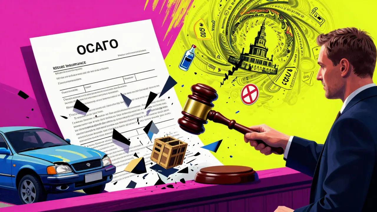 Судебный зал, где гavel разбивает полис ОСАГО на части, показывающие груз, памятник и алкоголь — психоделические узоры и цвета.