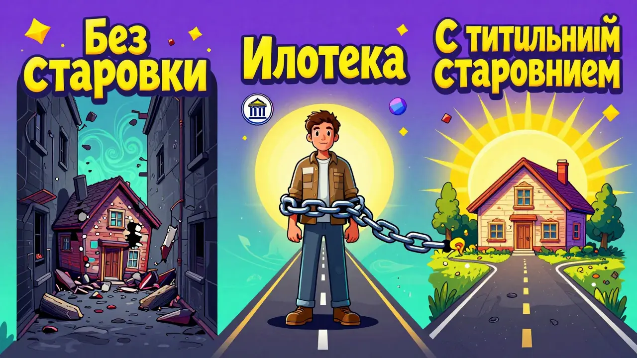 Три пути: без страховки — разрушение, с страховкой — дом и свет, с ипотекой — цепь, в психоделическом стиле.