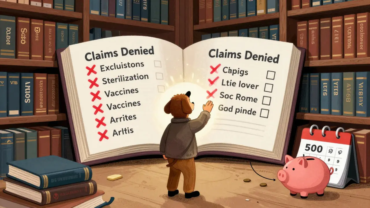 Владелец стоит перед библиотекой страховых полисов, одна книга открыта на списке исключений с красными крестами.