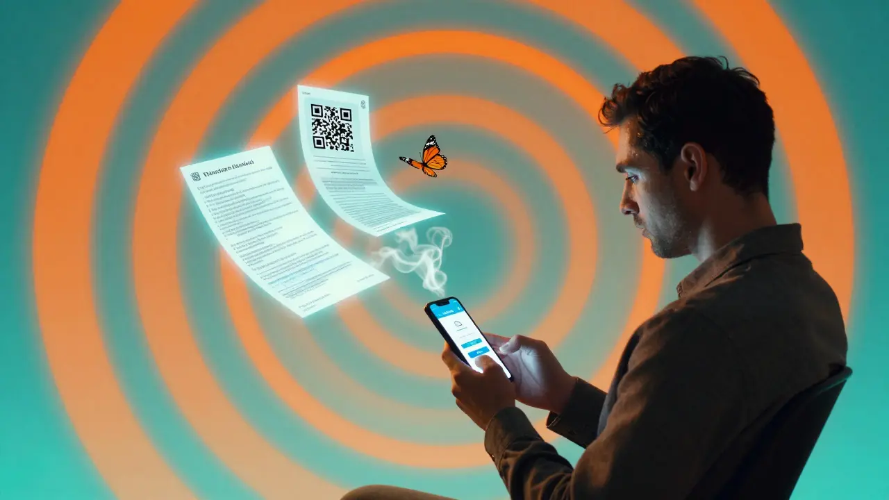 Водитель оформляет ОСАГО онлайн, запрещенные документы исчезают, окружён психоделическими узорами.