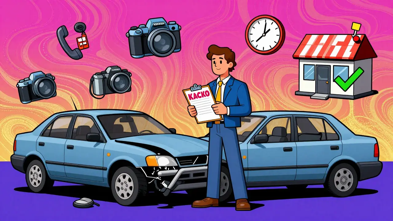 Водитель после ДТП с иконками: звонок в ГИБДД, фото, часы, ремонт, все в стиле психоделической иллюстрации.