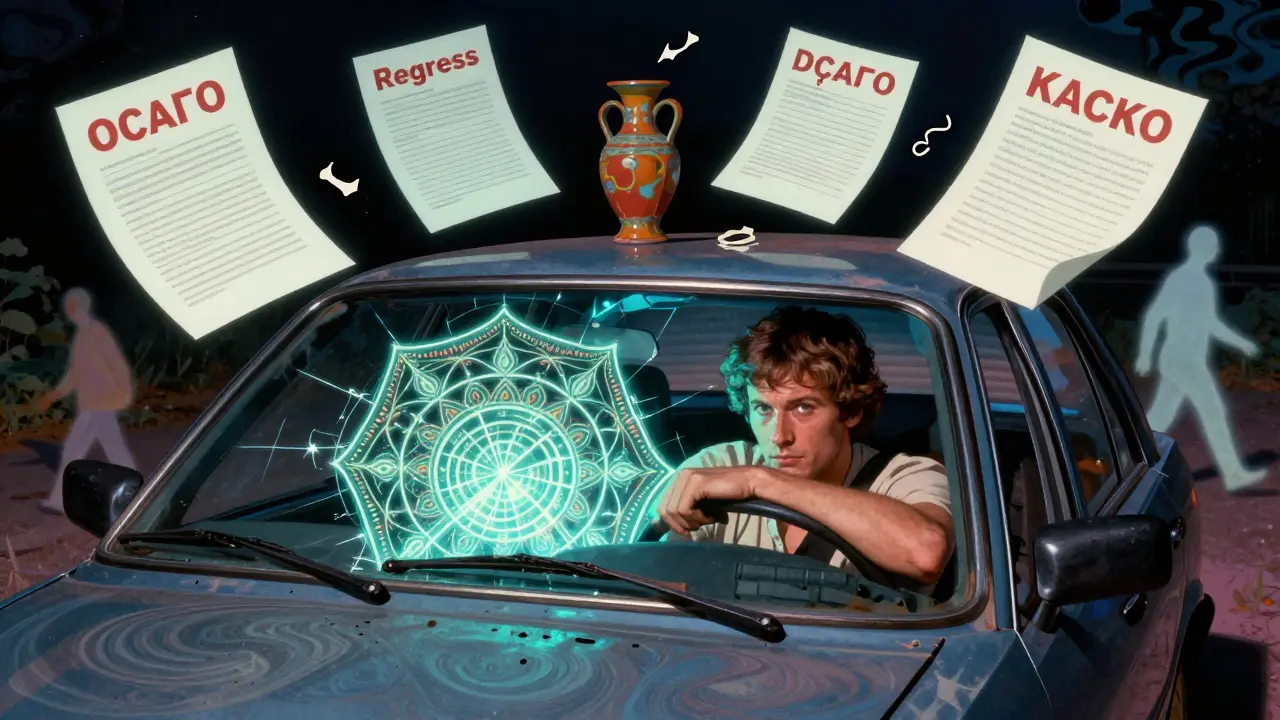 Водитель в поврежденной машине, вокруг него — плавающие документы ОСАГО, ДСАГО и КАСКО, фон с психоделическими узорами и разбитой вазой.