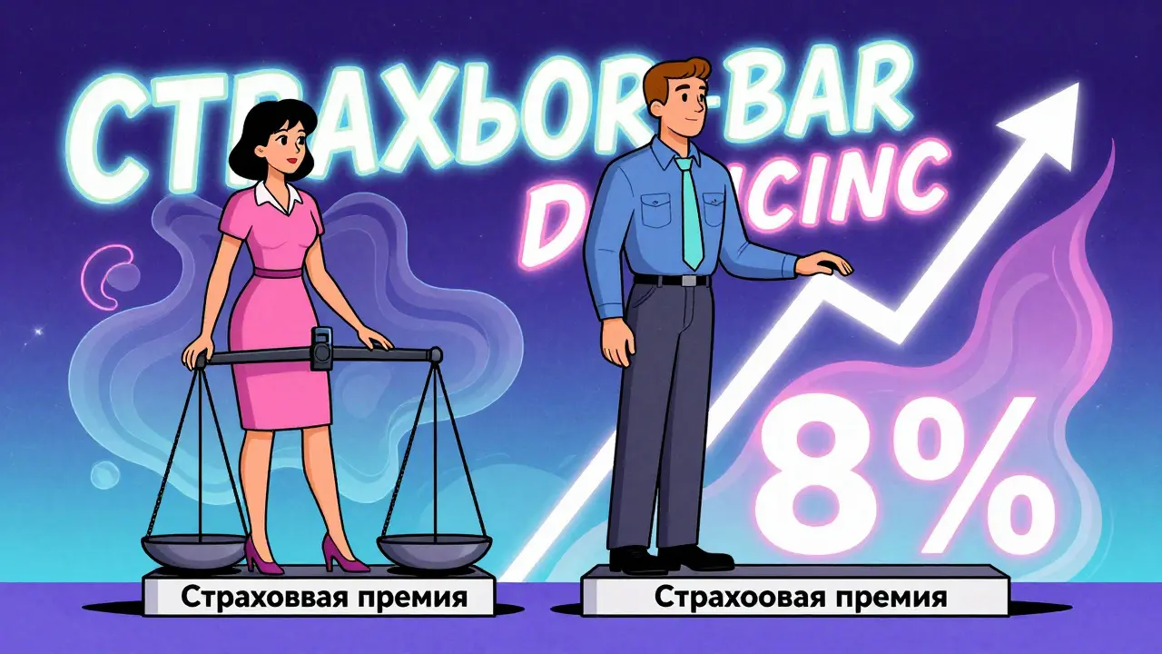 Женщина и мужчина одного возраста стоят на весах, показывающих разницу в стоимости страховки.