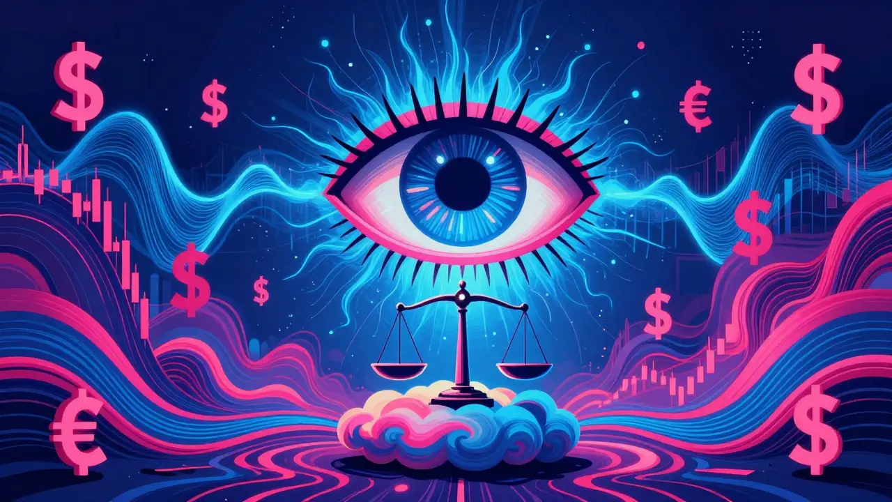 Абстрактный арт с цифровым оком и весами, символизирующими мониторинг финансового рынка