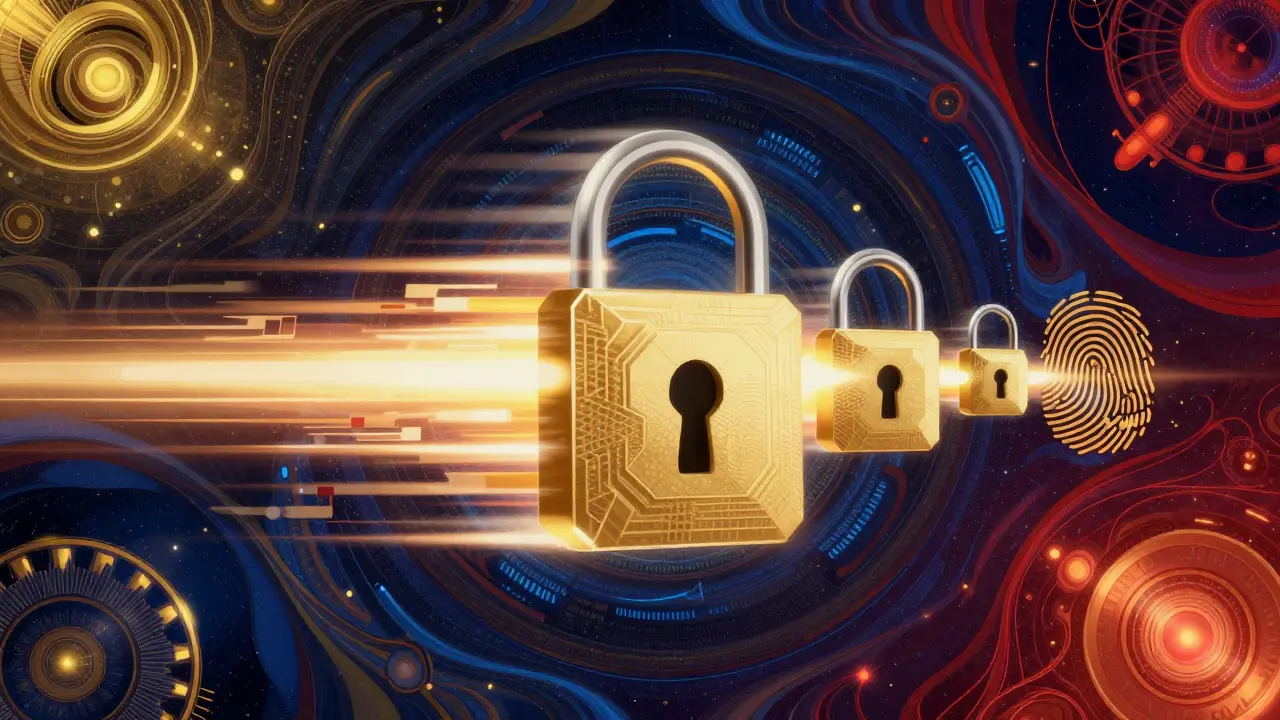 Абстрактный образ цифрового полиса, пролетающего сквозь системы кибербезопасности