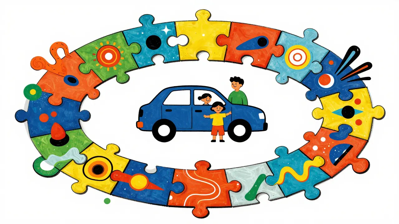 Абстрактный пазл из страховых полисов, создающий круг безопасности вокруг автомобиля и семьи.