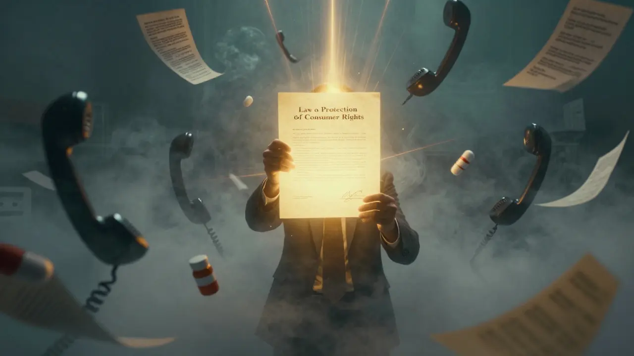 Человек с законом о защите прав потребителей в окружении бюрократических символов