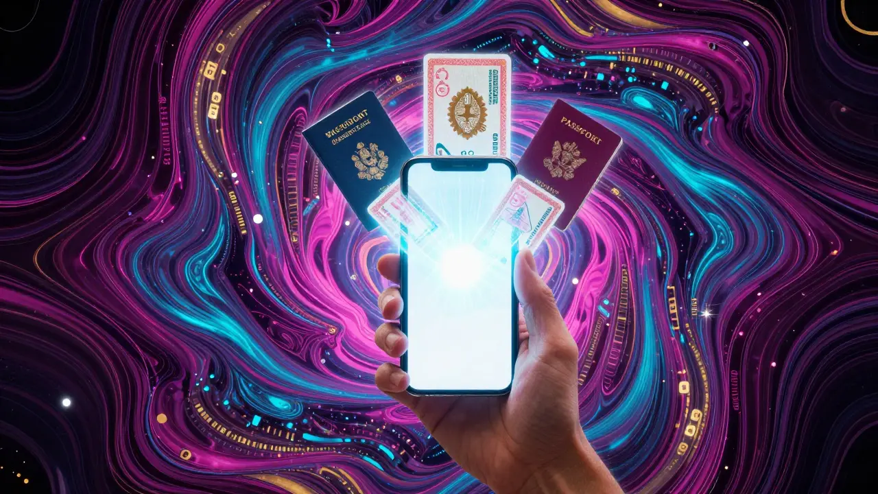 Цифровые копии документов, вылетающие из смартфона в ярком иллюстративном стиле