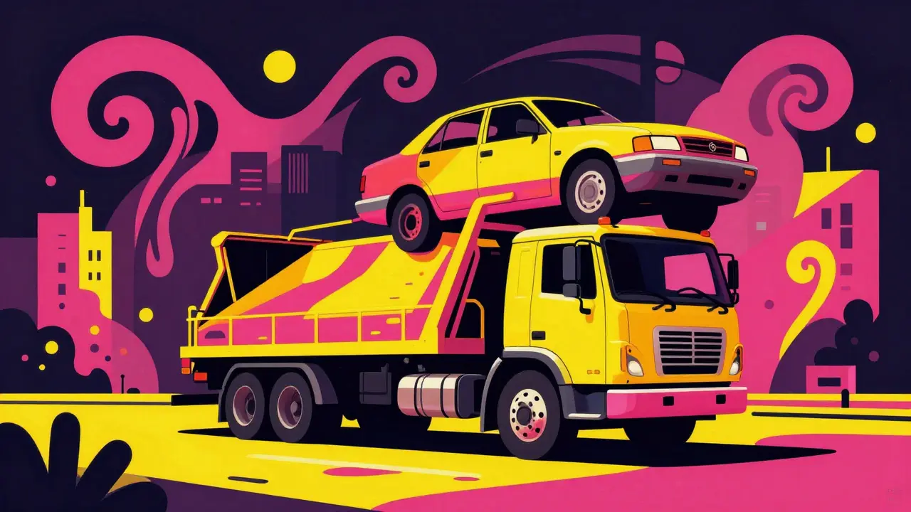 Эвакуатор грузит автомобиль в ярком иллюстративном стиле Веса Уилсона