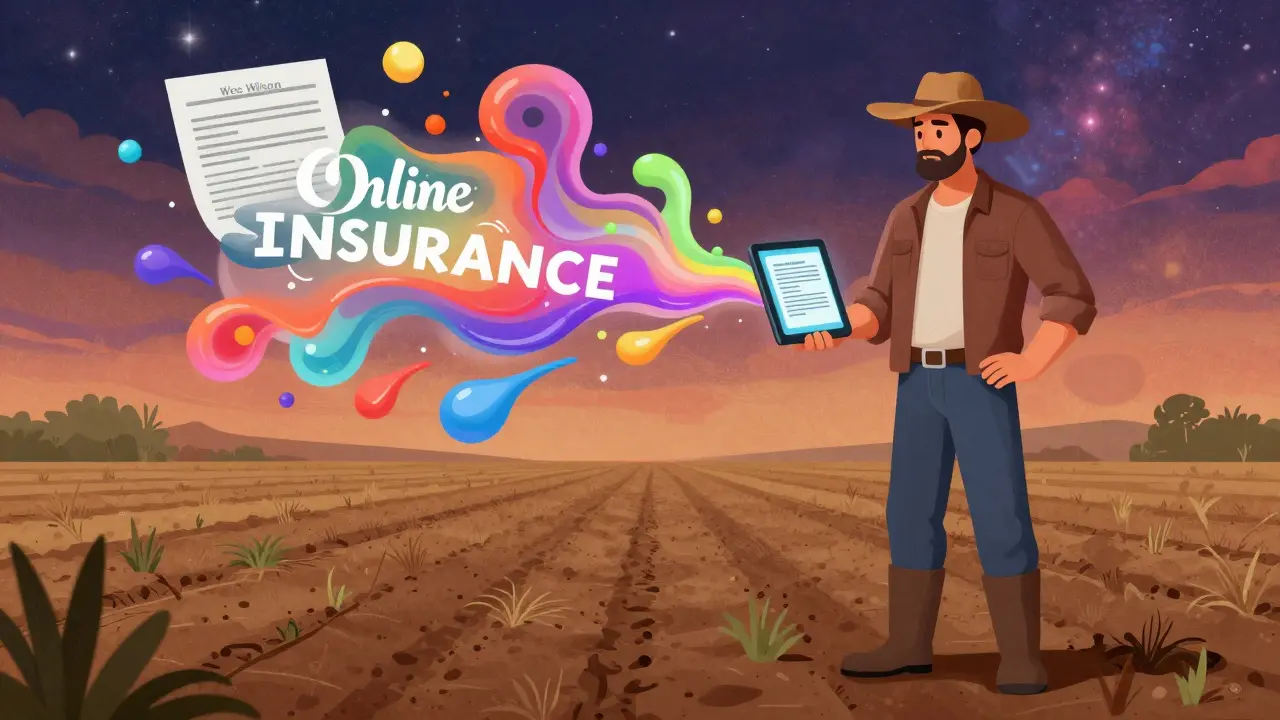 Фермер с планшетом на фоне ярких абстрактных узоров, символизирующих онлайн-страхование