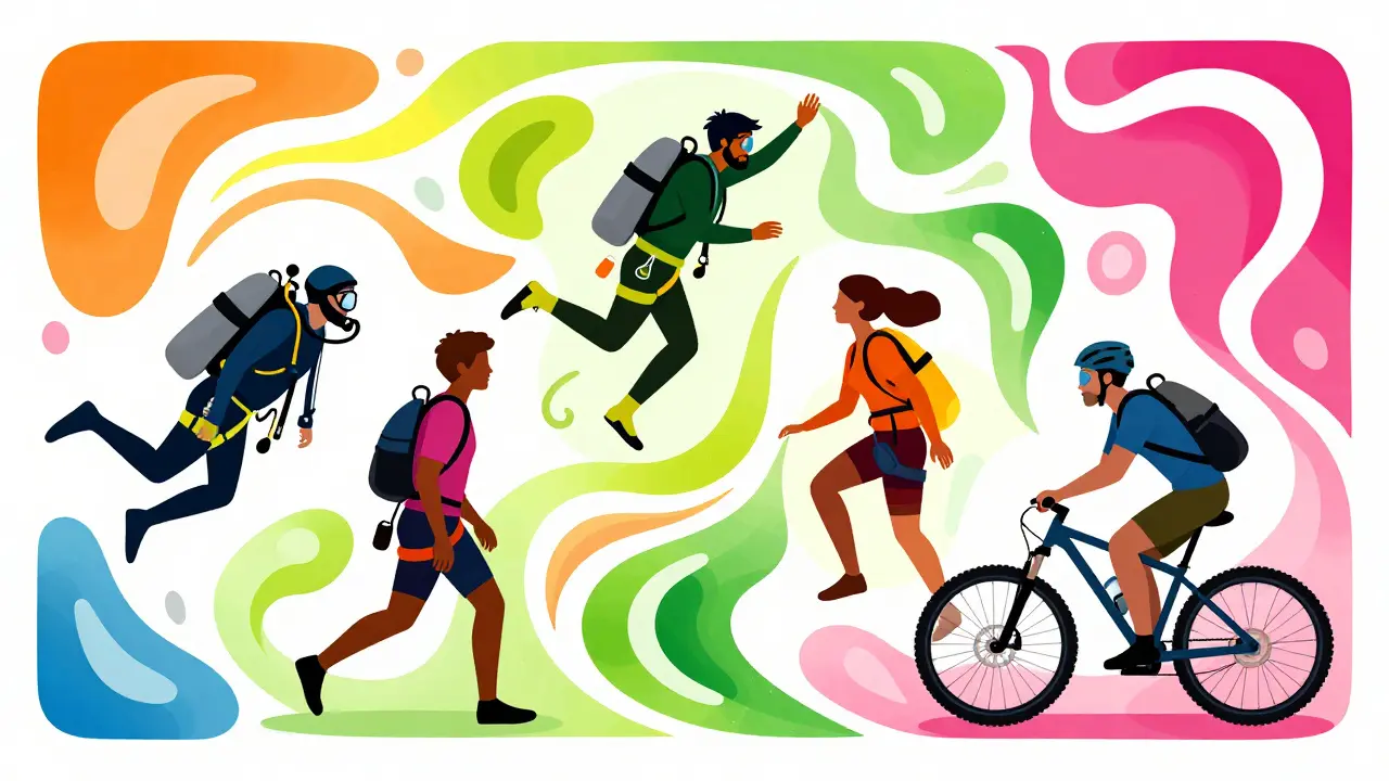 Группа экстремалов: дайвер, скалолаз и велосипедист в стиле ар-нуво