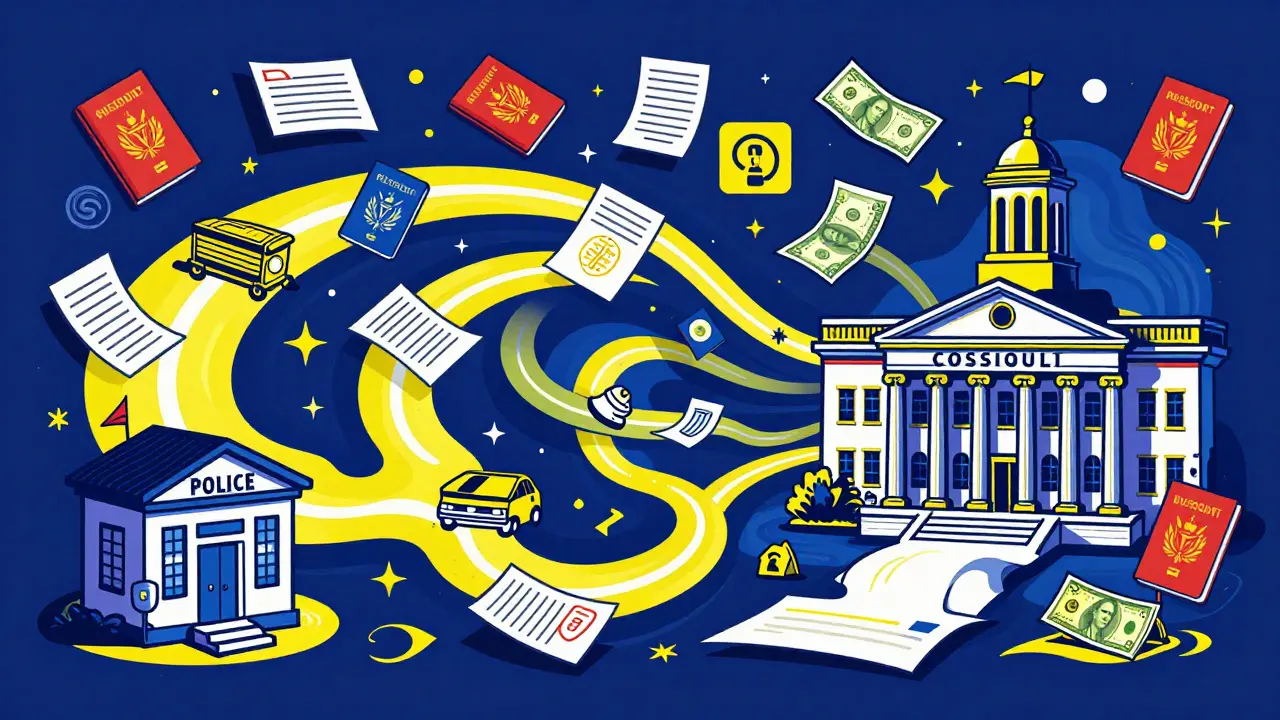 Путь от полиции до консульства для восстановления документов в стиле арт-постера