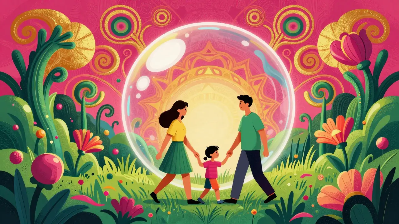 Счастливая семья под защитным куполом в ярком, текучем лесу в стиле Уэса Уилсона.