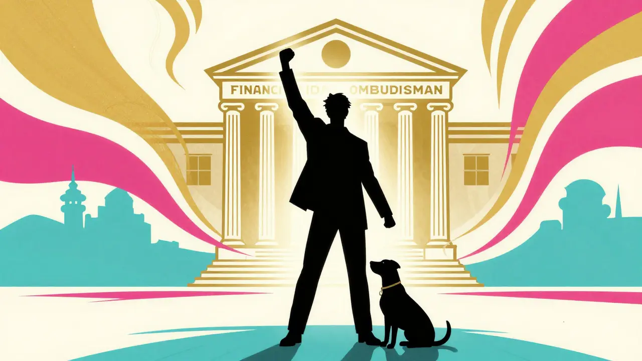 Счастливый владелец с питомцем перед зданием финансового омбудсмена