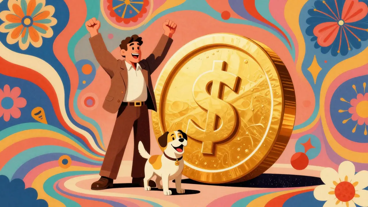 Счастливый владелец с собакой и символом денежной выплаты в стиле поп-арт.