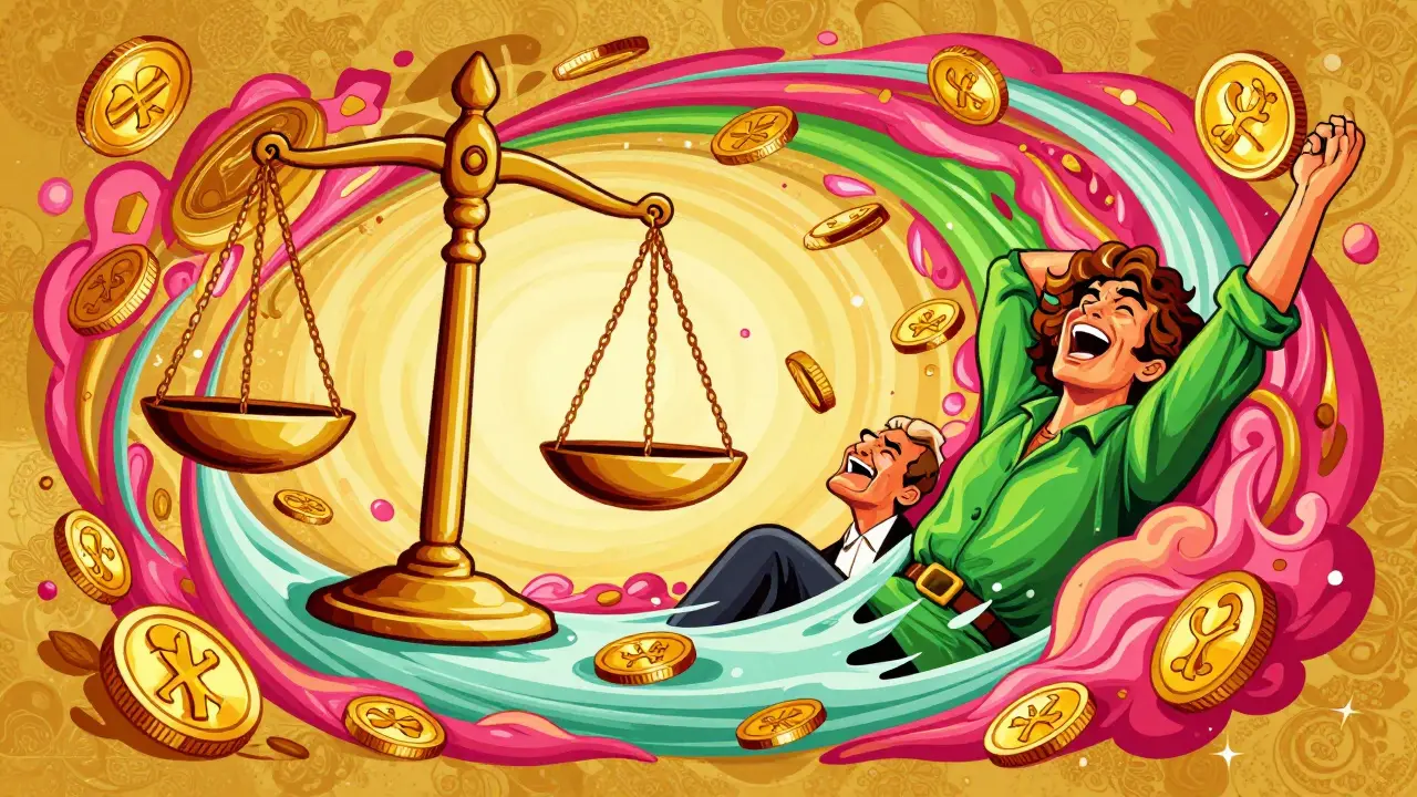 Символ правосудия и денежная компенсация в ярком психоделическом стиле