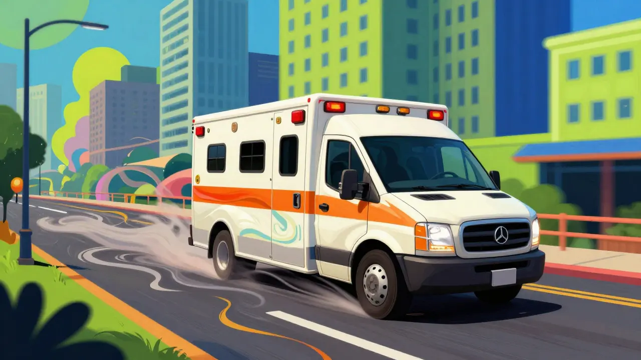 Скорая помощь, мчащаяся по городу в ярком иллюстративном стиле Веса Уилсона