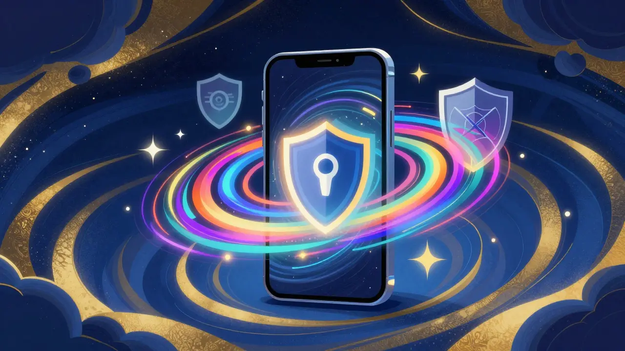 Смартфон с защитными символами страховки в сюрреалистичном стиле