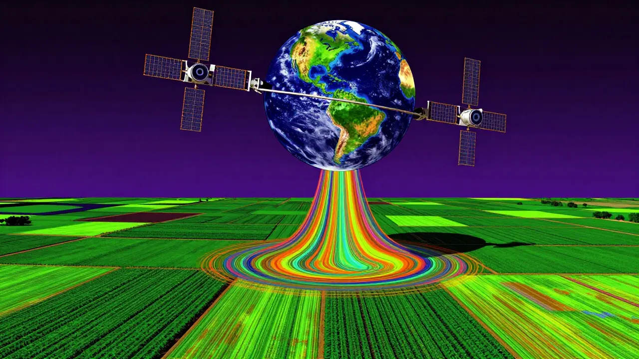 Спутник, сканирующий сельскохозяйственные поля разноцветными волнами данных