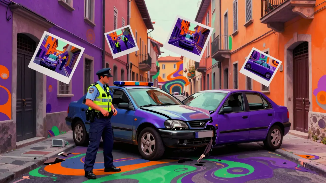 Стилизованная сцена оформления ДТП в узком европейском переулке в стиле Уэса Уилсона