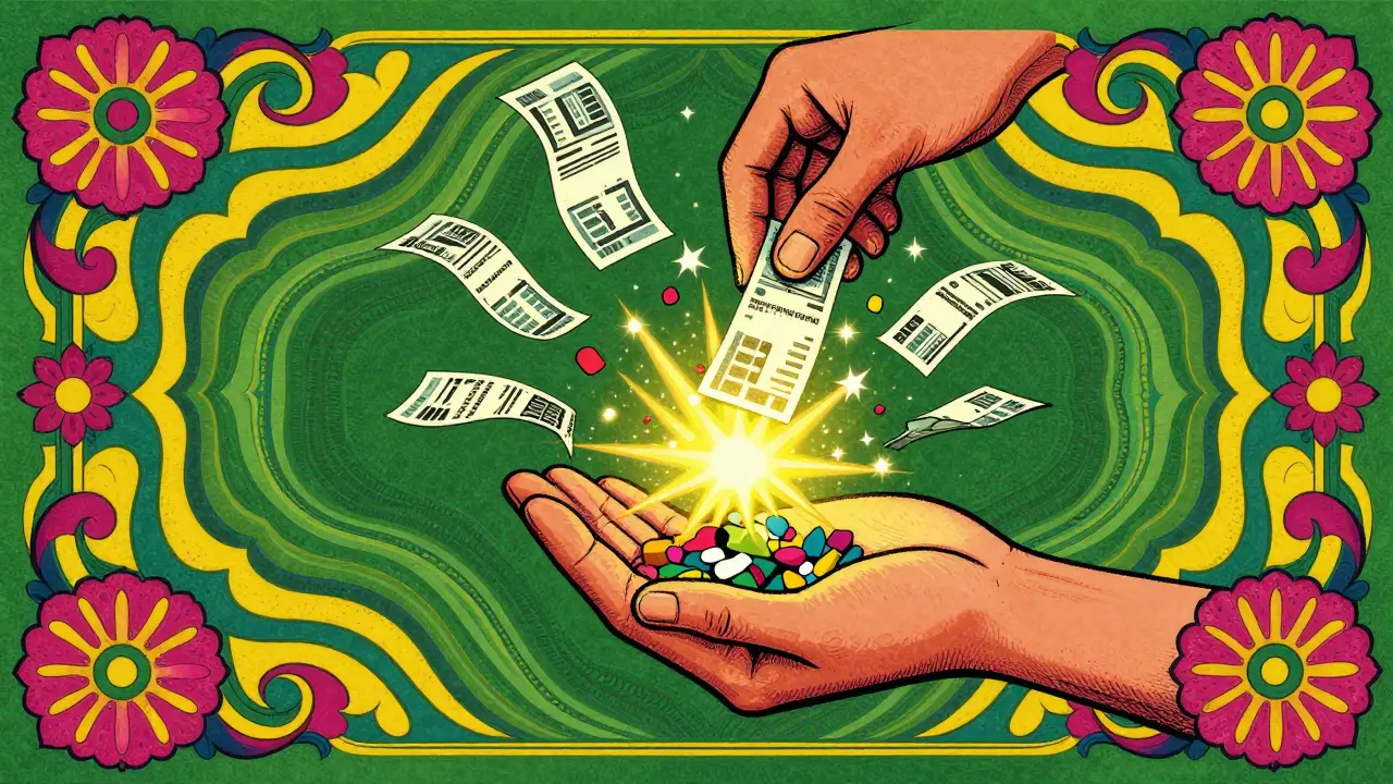 Стилизованное изображение процесса сбора документов и чеков для получения налогового вычета