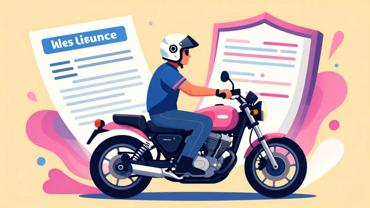 Стилизованное изображение уверенного мотоциклиста под защитой страхового полиса.