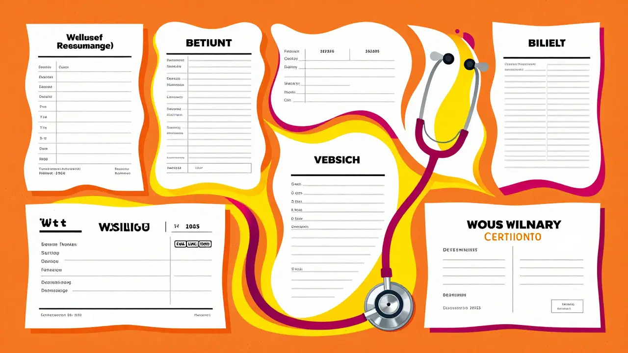 Стилизованные медицинские справки и чеки из ветклиники в ярких абстрактных формах.