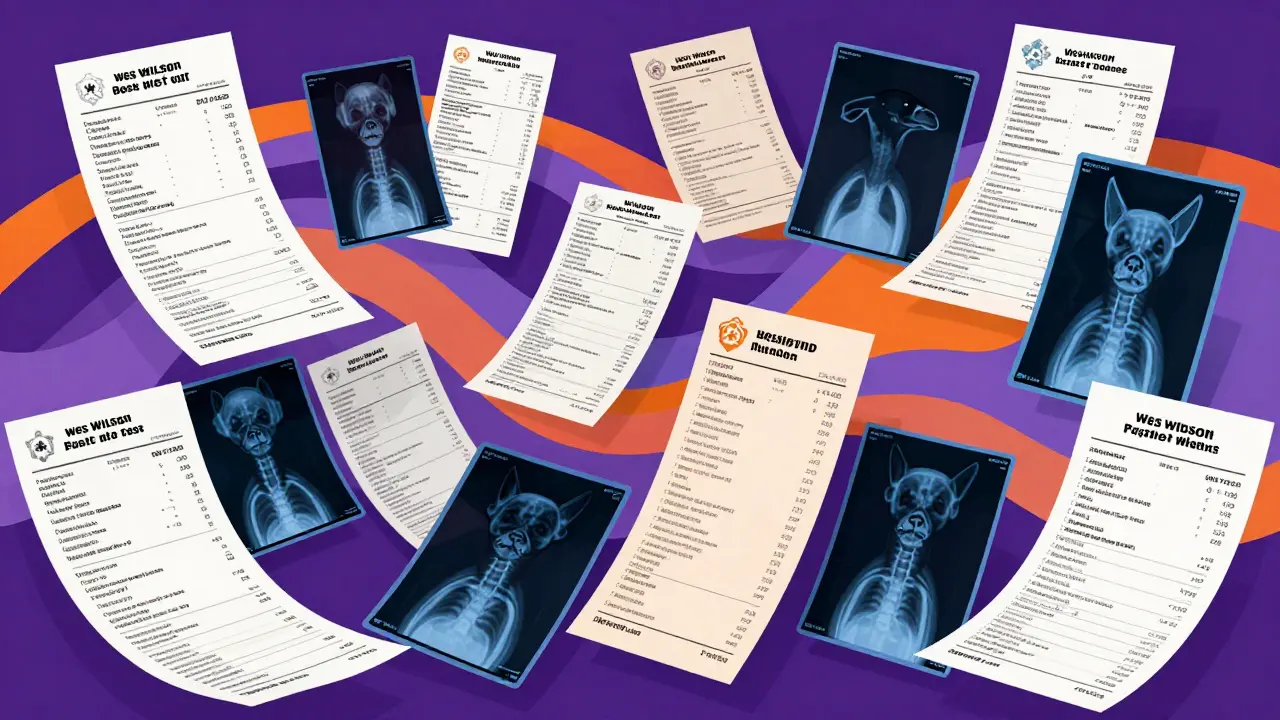 Стилизованный набор документов: чеки, рентгеновские снимки и медзаключения