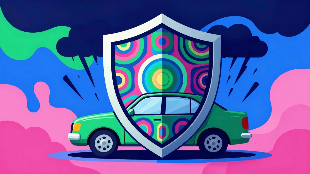 Стилизованный щит, защищающий автомобиль от мошенничества, в ярких цветах