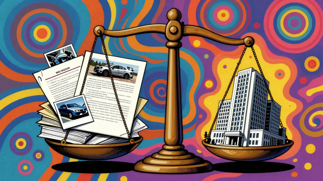 Весы правосудия с документами и доказательствами, побеждающие страховую компанию